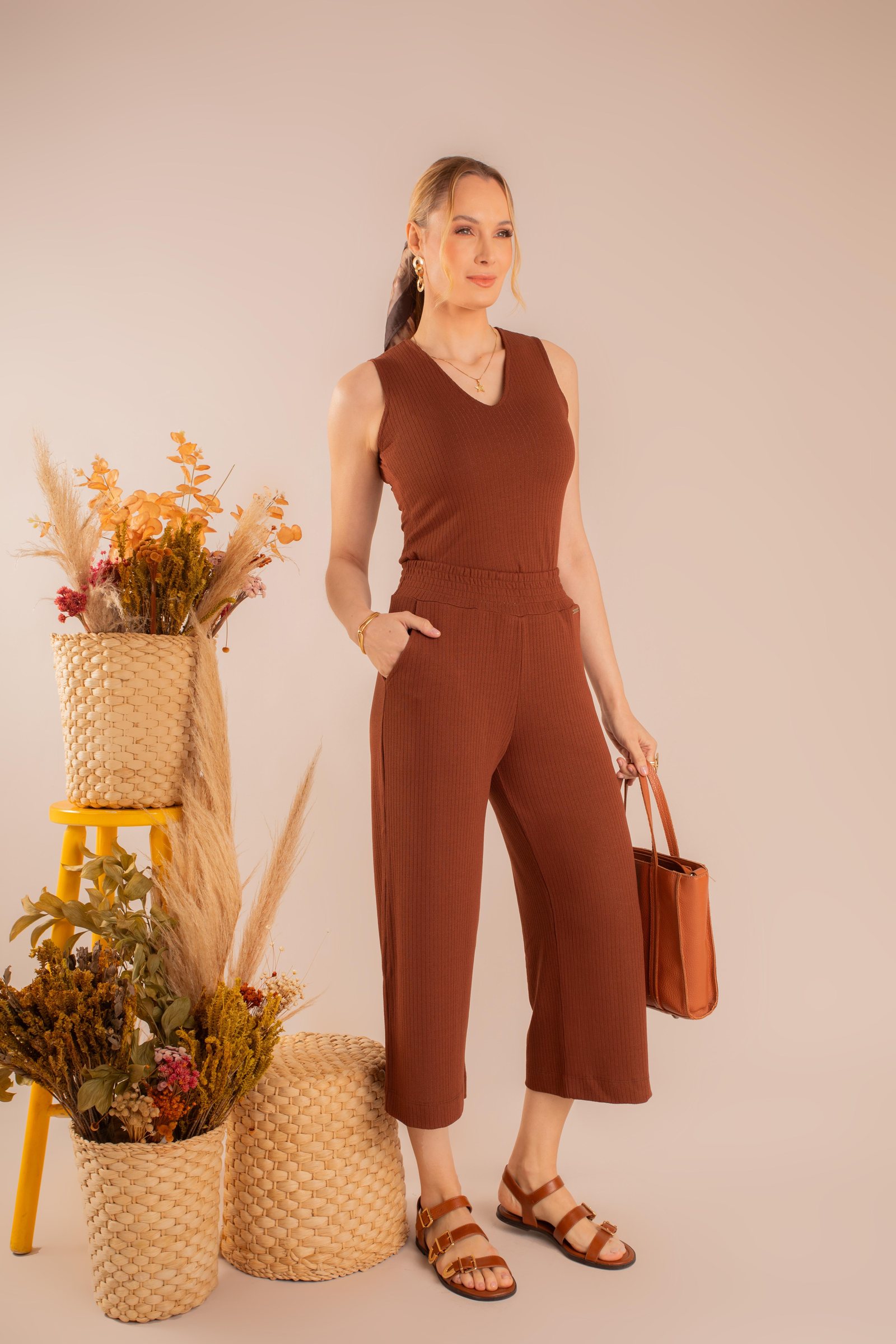 Conjunto canelado terracota com bolsa
